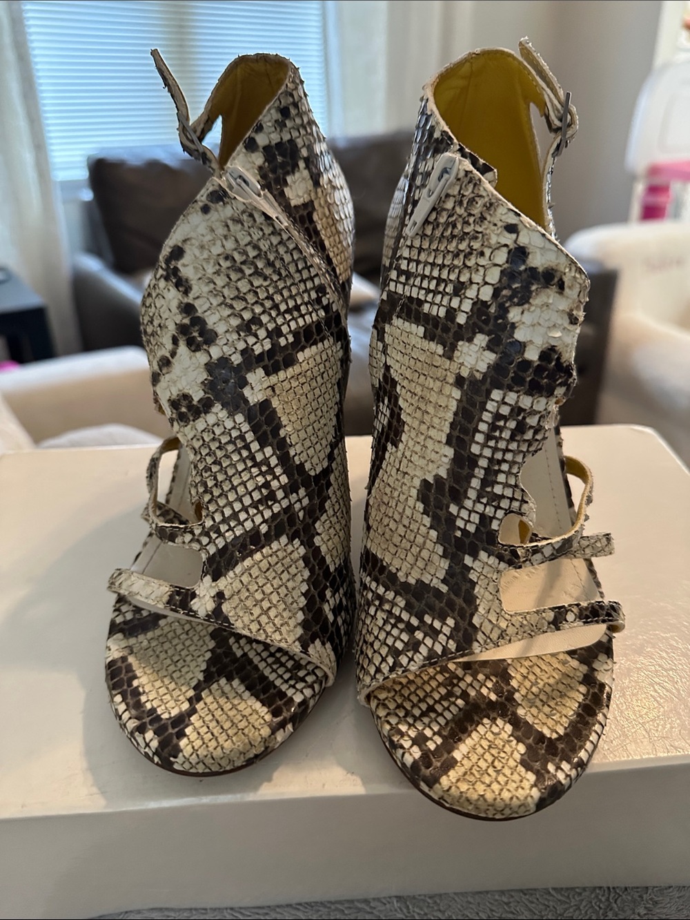 Maison Martin Margiela Snake-Print Open-Toe Heels in Cream & Black 37.5